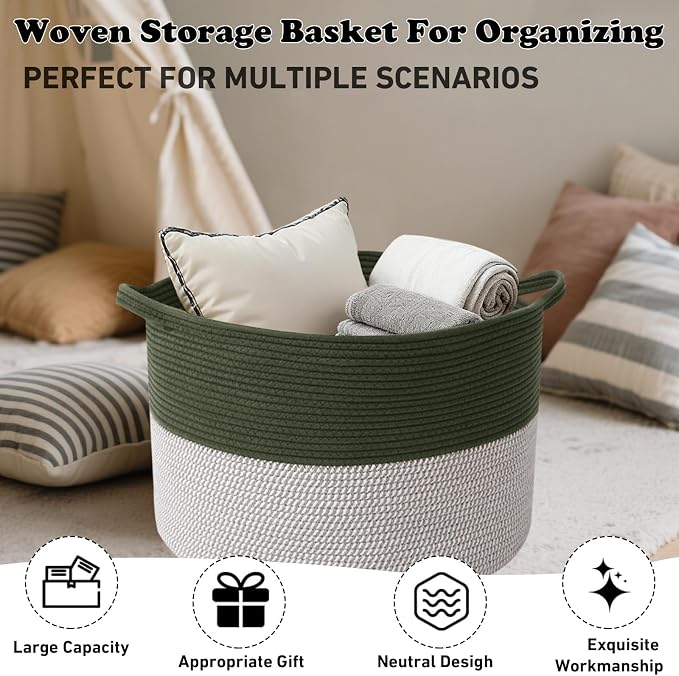 Large Storage Basket with Handle, 19.7" L x 19.7" W x 13" H Blanket Basket - Image 6