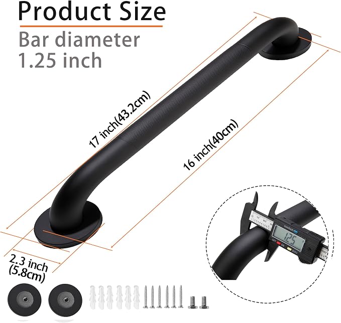 Shower Grab Bar, 2 Pack 16 Inch Black Bathroom Grab Bar, 1.25" Diameter 304 - Image 2