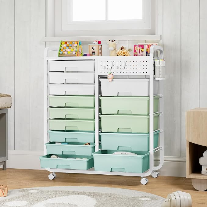 Rolling Storage Cart with 14 Drawers, Storage Organizer Cart with Tabletop and - Image 2