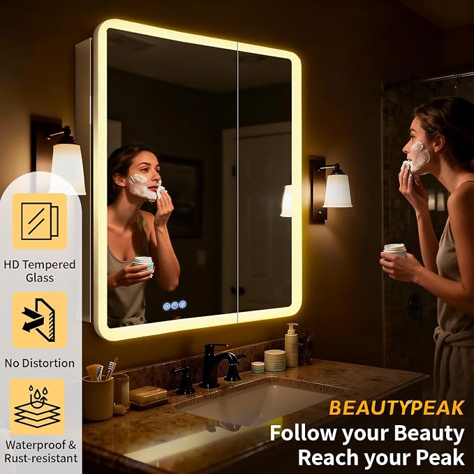 BEAUTYPEAK 30 x 32 LED Bathroom Medicine Cabinet Mirror, Adjustable Shelves - Image 4