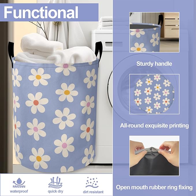 Laundry Basket-Groovy Daisy Flowers Foldable Waterproof Oxford Cloth Funny Tote - Image 3