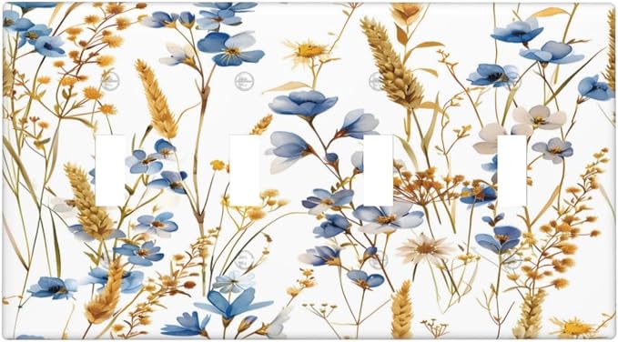 Vintage Wildflower Blue Gold Country Fall Wheat Floral Light Switch Covers Quad by Unknown