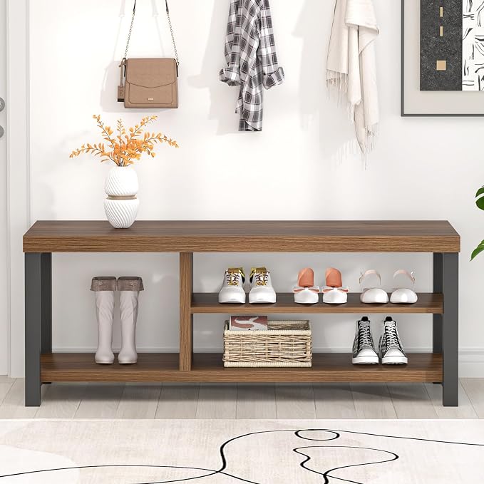 FOLUBAN Shoe Bench, Modern Wood and Metal Storage Bench - Image 7