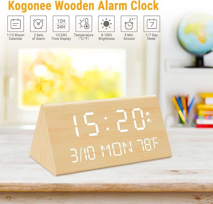 Kogonee Wooden Digital Alarm Clock, 0-100% Dimmer, 2 Alarm Settings, - Image 7