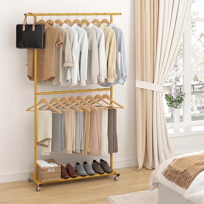 Sywhitta Double Rod Clothing Garment Rack, Rolling Coat Hanger - Image 4