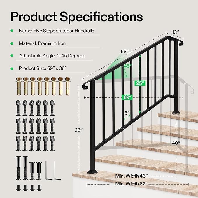 VIVOSUN Outdoor Handrail, 5 Step Stair Handrail, Wrought Mattle Iron Stair - Image 2