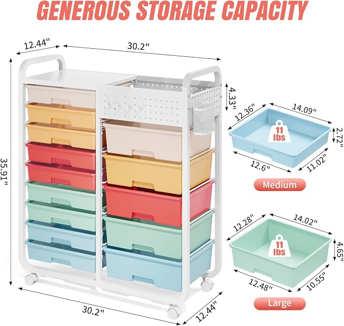 Rolling Storage Cart with 14 Drawers, Storage Organizer Cart with Tabletop and - Image 3