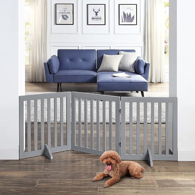 Unipaws Indoor 3 Panels Classic Freestanding Wooden Foldable Pet Gate - Image 2