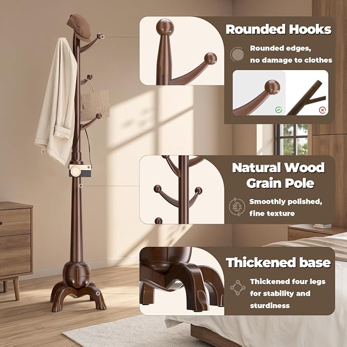 Wood Coat Rack Freestanding, Solid Wooden Hall Tree - Image 2