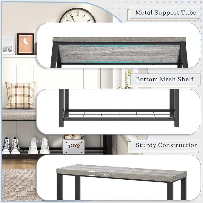 FOLUBAN Entryway Bench, Vintage Wood and Metal Storage Bench - Image 6