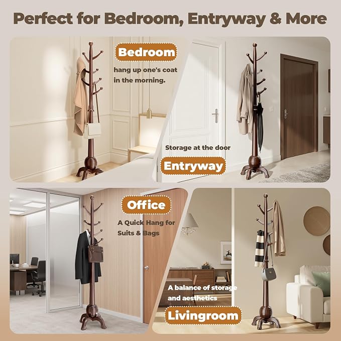 Wood Coat Rack Freestanding, Solid Wooden Hall Tree - Image 6
