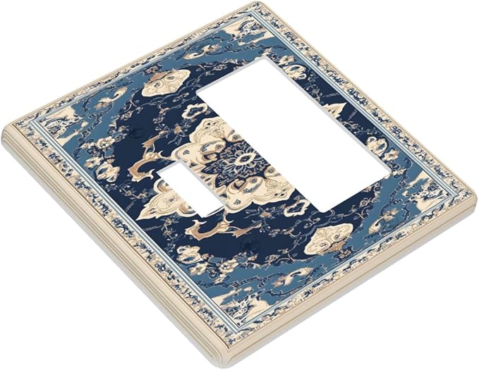 Decorative Outlet Covers Boho Beige Navy Blue Medallion 2-Gang Combo Light - Image 3