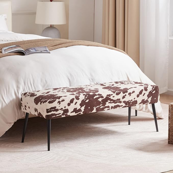 DUHOME Velvet Bench Ottoman, Upholstered Bedroom Benches Cow Print End of Bed - Image 2