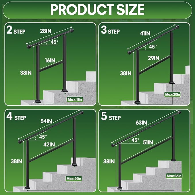 3-Step Outdoor Stair Handrail Kit, Heavy Duty Aluminum Alloy Adjustable Height - Image 4