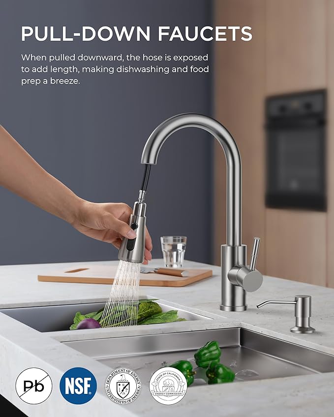 FORIOUS Kitchen Faucet with Soap Dispenser, Brushed Nickel, Single Handle - Image 2