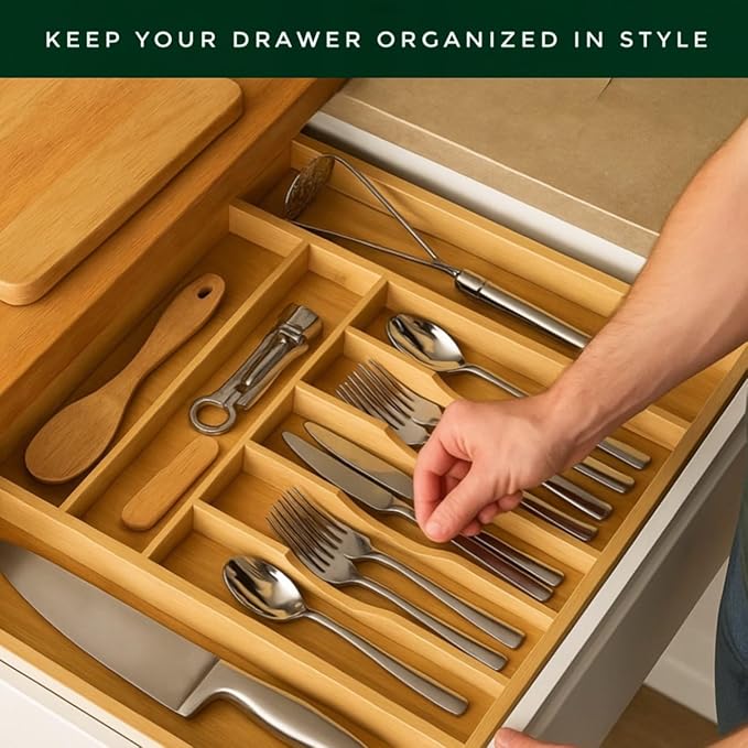 Bamboo Drawer Organizer – Expandable 9 Slot Silverware & Utensil Tray - Image 4
