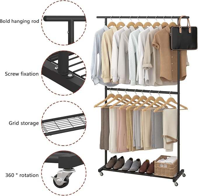 Sywhitta Double Rod Clothing Garment Rack, Rolling Coat Hanger - Image 2