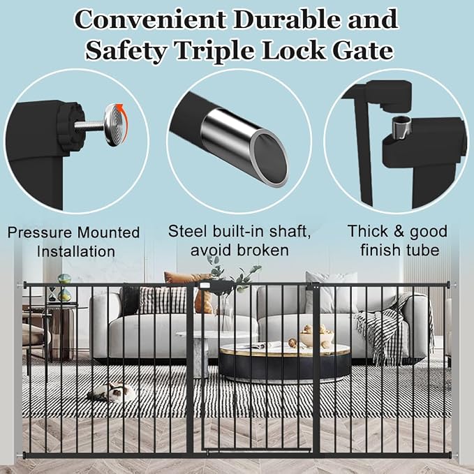WAOWAO Triple Lock Baby Gate Extra Wide 57.87-62.59" Pressure Mounted Walk - Image 6