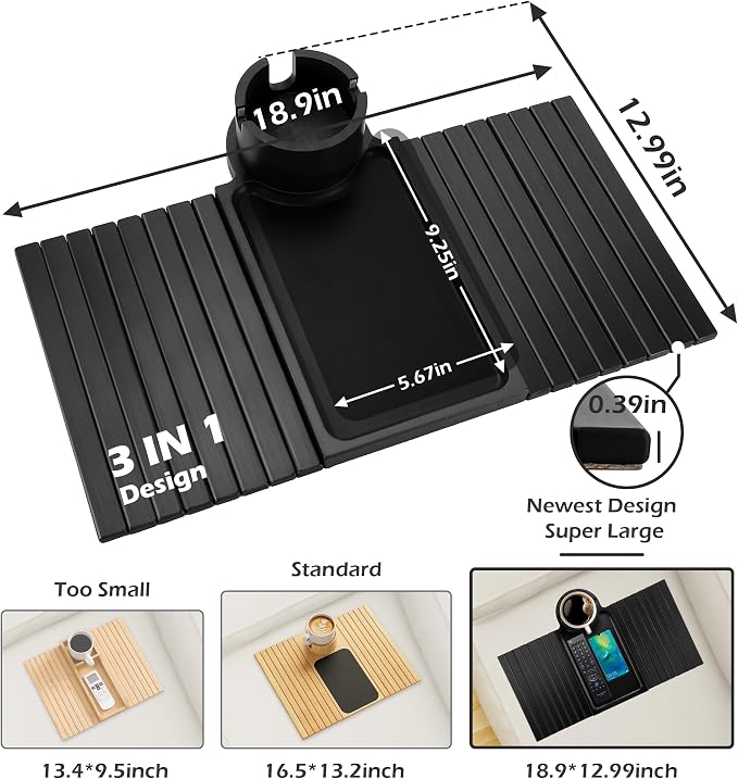 Couch Cup Holder Tray, 3 in 1 Large Couch Arm Trays, Bamboo Chair Clip on Tray - Image 6