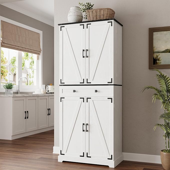 ELYKEN 72" Pantry Cabinet with Door Shelving & Sliding Shelves, Farmhouse Tall - Image 3