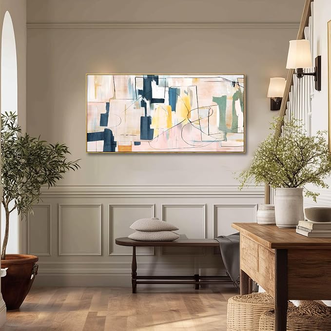 Artexist Large Abstract Canvas Wall Art Pink Painting Yellow Bedroom Decor Navy - Image 5