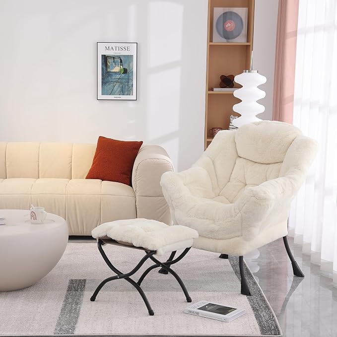 Lazy Chair with Ottoman, Modern Accent Lounge Armchair with Side Pocket & - Image 4