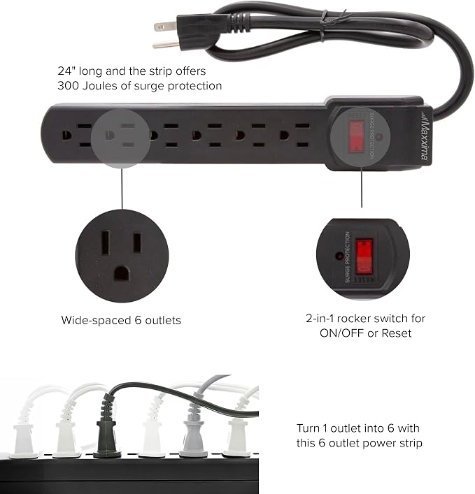 Maxxima 4-Pack 6 Outlet Power Strip Surge Protector - Image 4