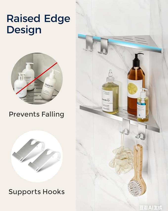 Corner Shower Shelf 10'', 304 Stainless Steel Corner Shelf 2 Pack, Grout in - Image 2