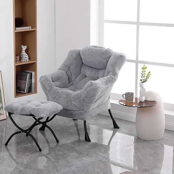 Lazy Chair with Folding Ottoman, Modern Accent Lounge Armchair with Armrests - Image 5