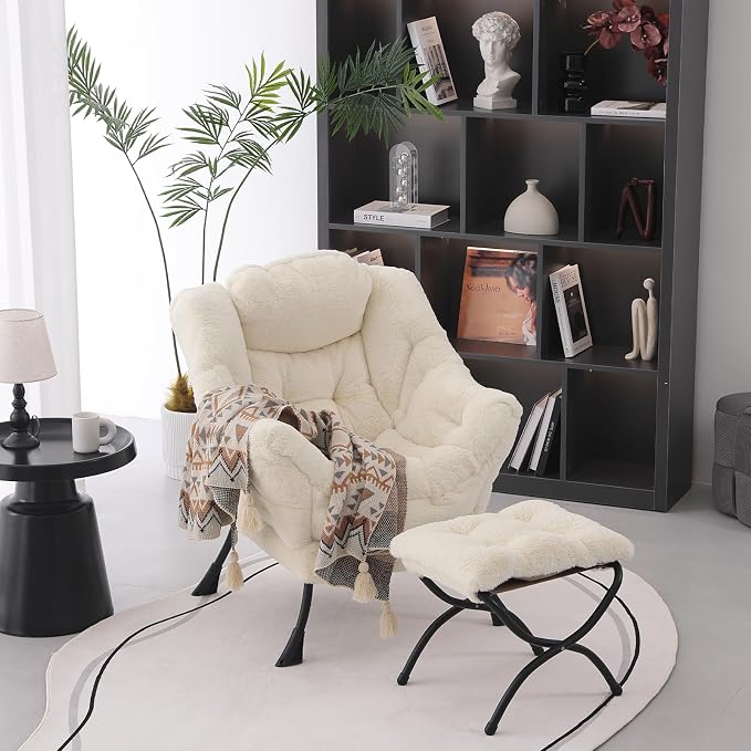 Lazy Chair with Ottoman, Modern Accent Lounge Armchair with Side Pocket & - Image 6
