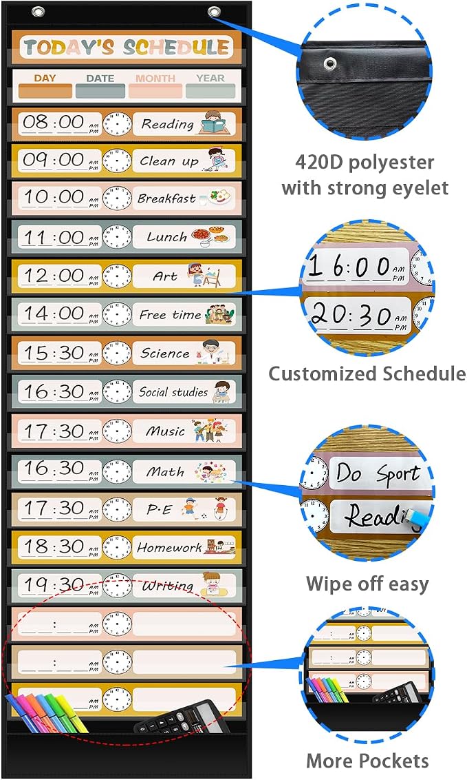 REGELETO Boho 18+1 Pockets Daily Schedule Pocket Chart, Scheduling Pocket Chart - Image 3