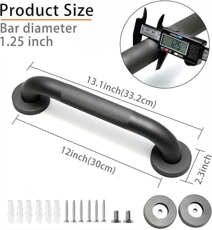Shower Grab Bar, 2 Pack 12 Inch Gray Bathroom Grab Bar, 1.25" Diameter 304 - Image 2