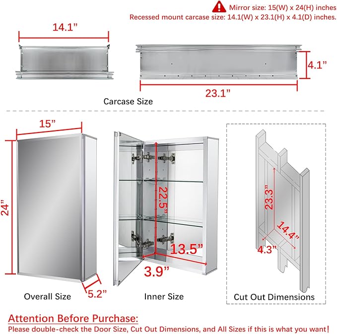 Fundin Aluminum Bathroom Mirror Cabinet Recess Mount Only, - Image 3