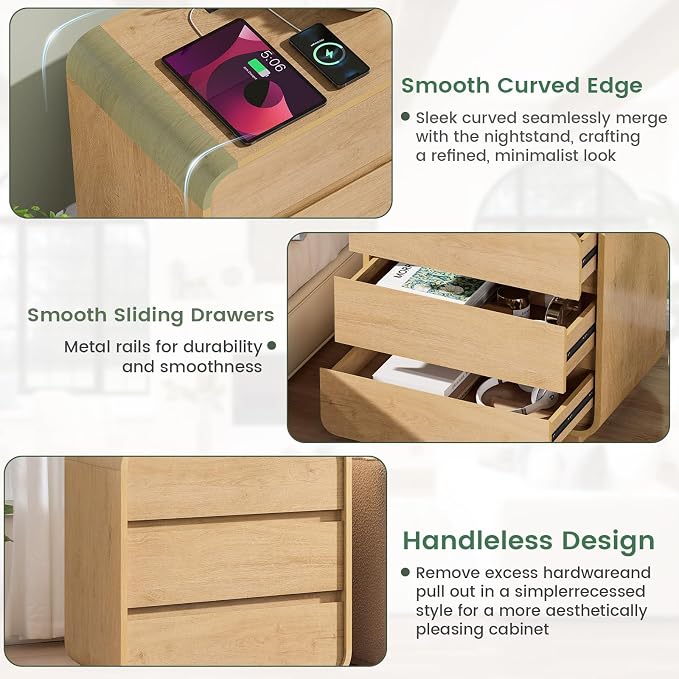 Natural Curved Nightstand Set of 2, 23.2" Large Wood Bedside Table - Image 7