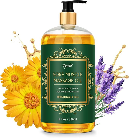 Sore Muscle Massage Oil for Massage Therapy, 8 FL OZ Natural Body Massage Oil by Pjordo
