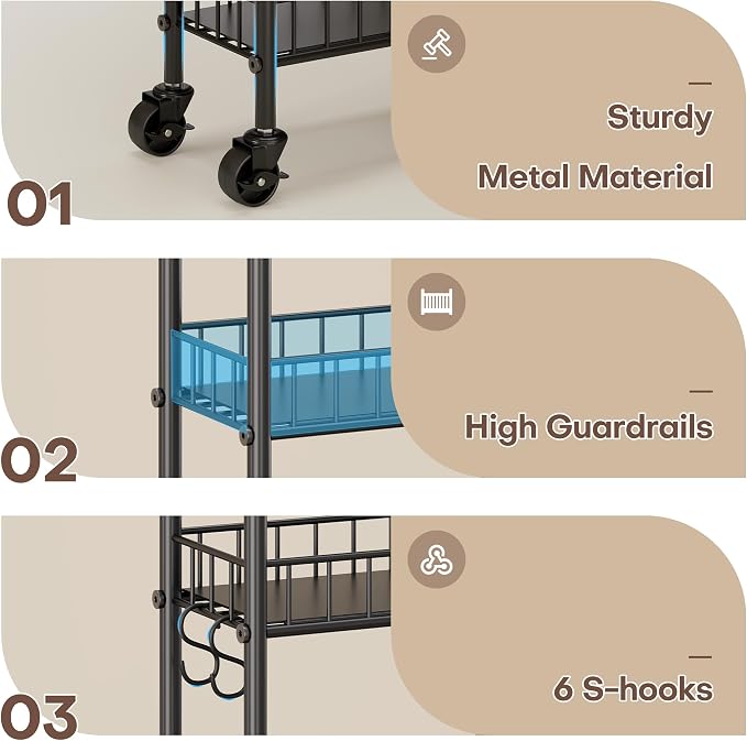 6 Tier Slim Storage Cart with Wheels, Metal Mobile Shelving Unit Organizer - Image 6
