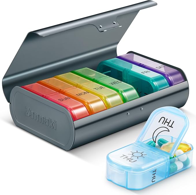 Zannaki Metal XL Weekly Pill Organizer 2 Times a Day, Large Travel Daily Pill by Zannaki