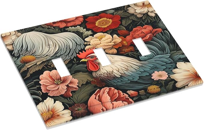 Decorative Switch Plates Rooster Flowers Red White Chicken Floral 3 Gang Wall - Image 3