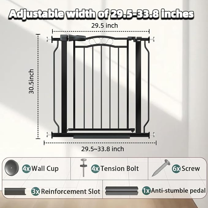 29.53"-33.85" Mornyray Auto-Close Baby Gate Extra Wide, Pressure Mounted Dog & - Image 2
