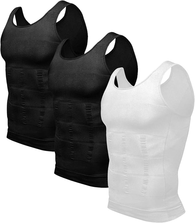 Odoland Mens 3 Pack Body Shaper Slimming Tummy Vest Thermal Compression Shirt by Odoland