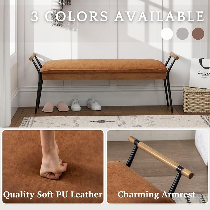 LukeAlon Modern PU Leather Entryway Bench, Upholstered End of Bed Bench - Image 3