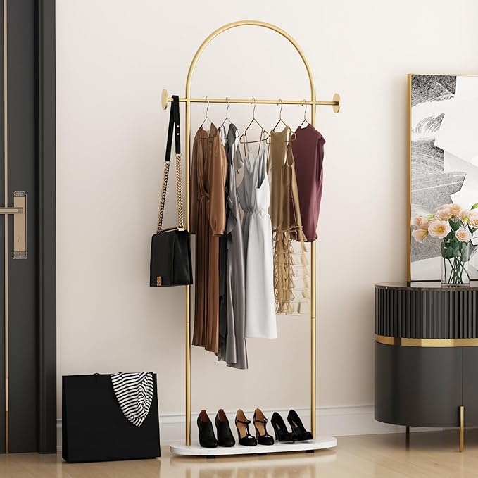 Gold Clothing Rack with Marble Base, Modern Gold Coat Racks Freestanding with 2 - Image 6