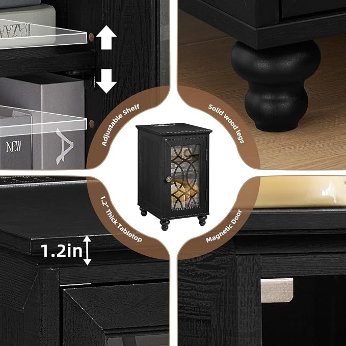 Narrow Side Table with Charging Station Set of 2, Night Stand with Glass Door - Image 9
