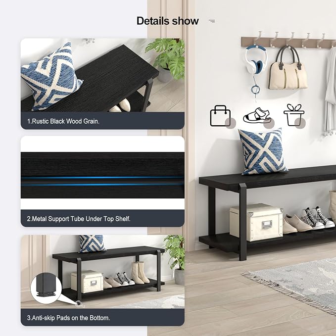 EXCEFUR Entryway Bench, Modern Wood and Metal Storage Bench - Image 6