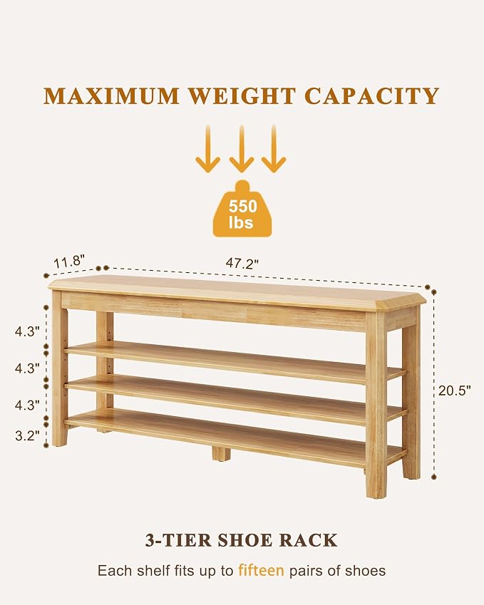 Shoe Rack Bench Seat Rubberwood 3-Tier Wooden Storage Bench 550lbs Compact - Image 2