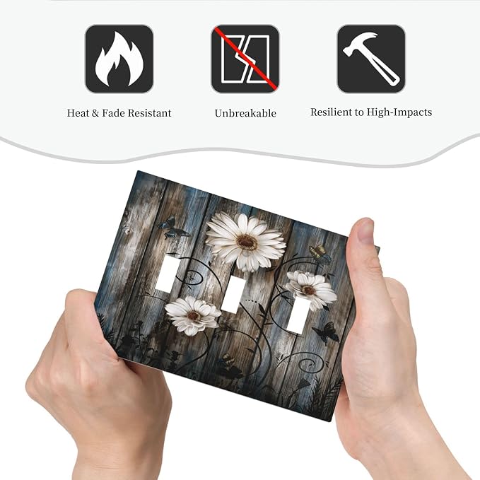Rustic Wood Background Floral Butterfly Daisy Decorative Switch Plates 3 Gang - Image 6