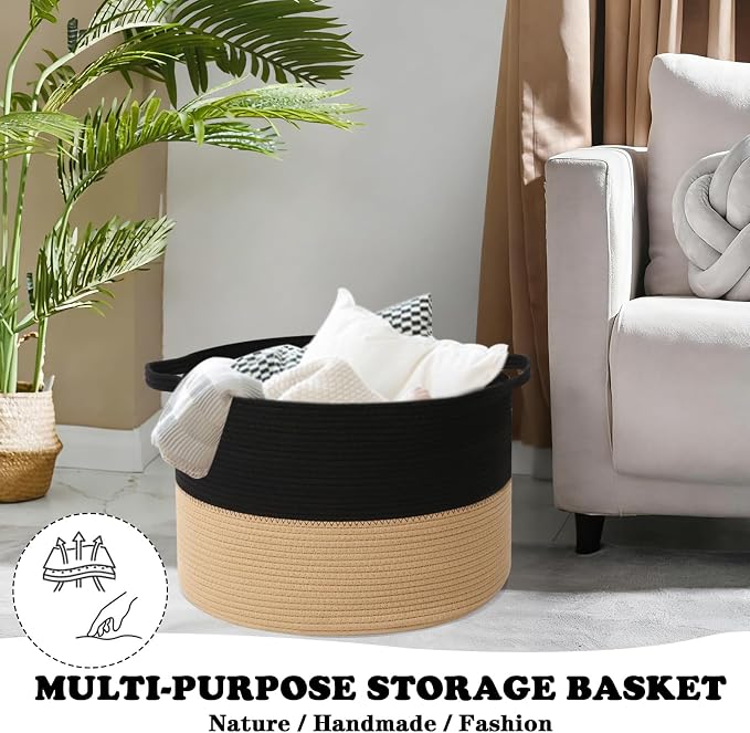 Large Storage Basket with Handle, 19.7" L x 19.7" W x 13" H Blanket Basket - Image 5
