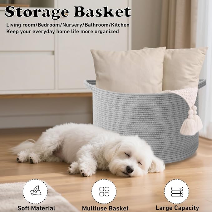 Large Storage Basket with Handle, 19.7" L x 19.7" W x 13" H Blanket Basket - Image 5