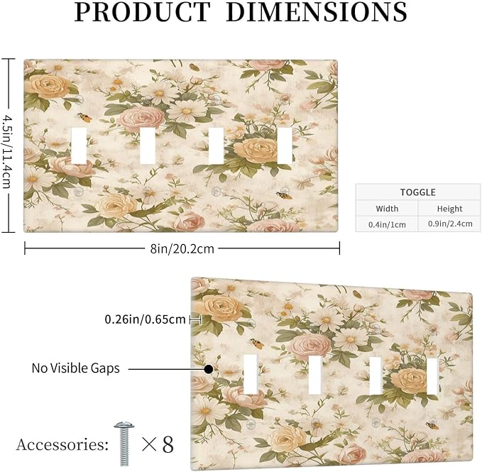 Light Switch Covers Boho Vintage Roses Pink Red Yellow Bouquet Floral Quad - Image 5