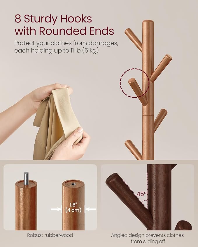VASAGLE Solid Wood Coat Rack, Free Standing Hall Coat Tree - Image 4
